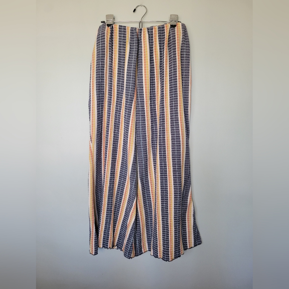 Free People Fine Line Slim Navy Multicolored Flare High Rise Pants SZ L